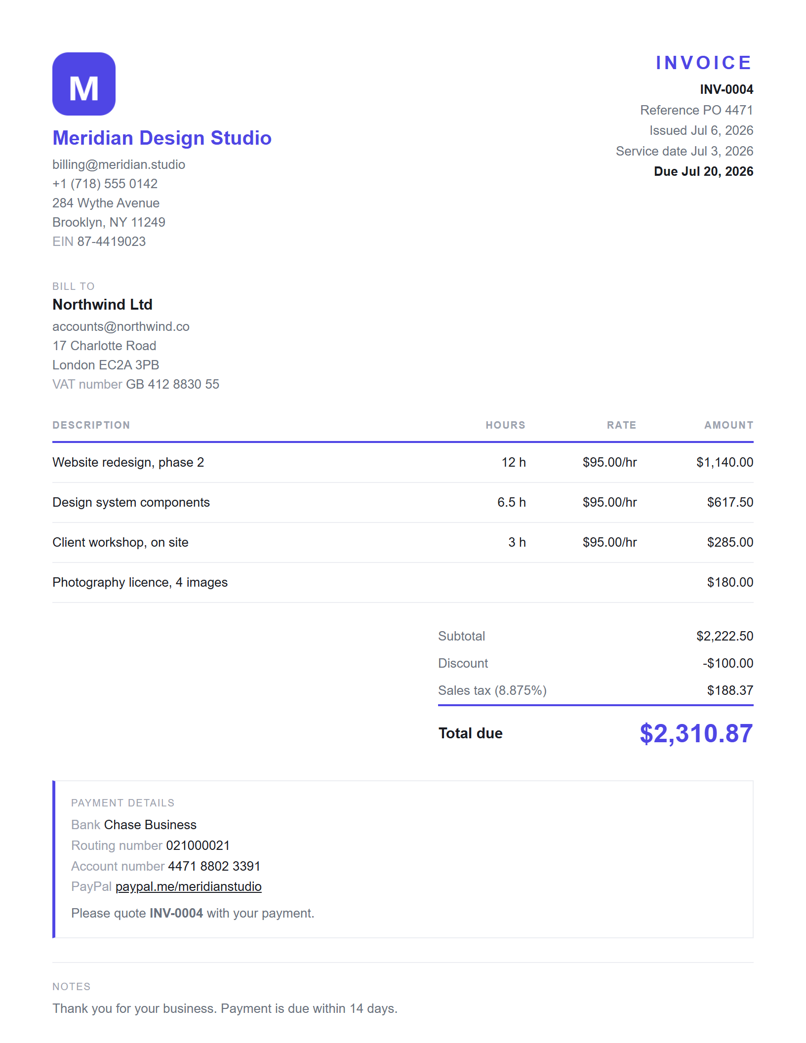 A finished Hourbook invoice: the freelancer's logo and address, the client's address and VAT number, itemized hours with rates, subtotal, discount, tax, the total due, and a payment block with bank details and a PayPal link