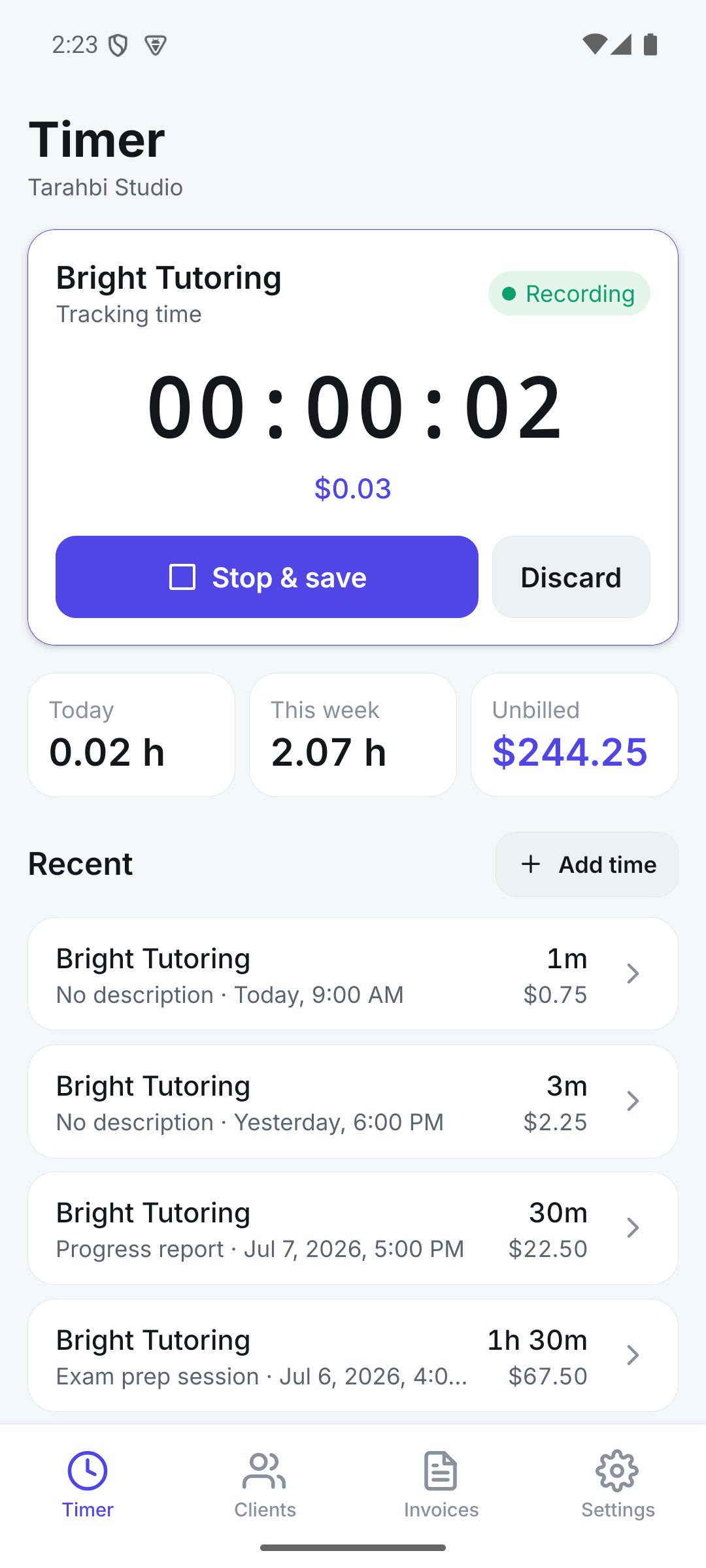 Hourbook timer running for a client, showing live elapsed time and the billable amount