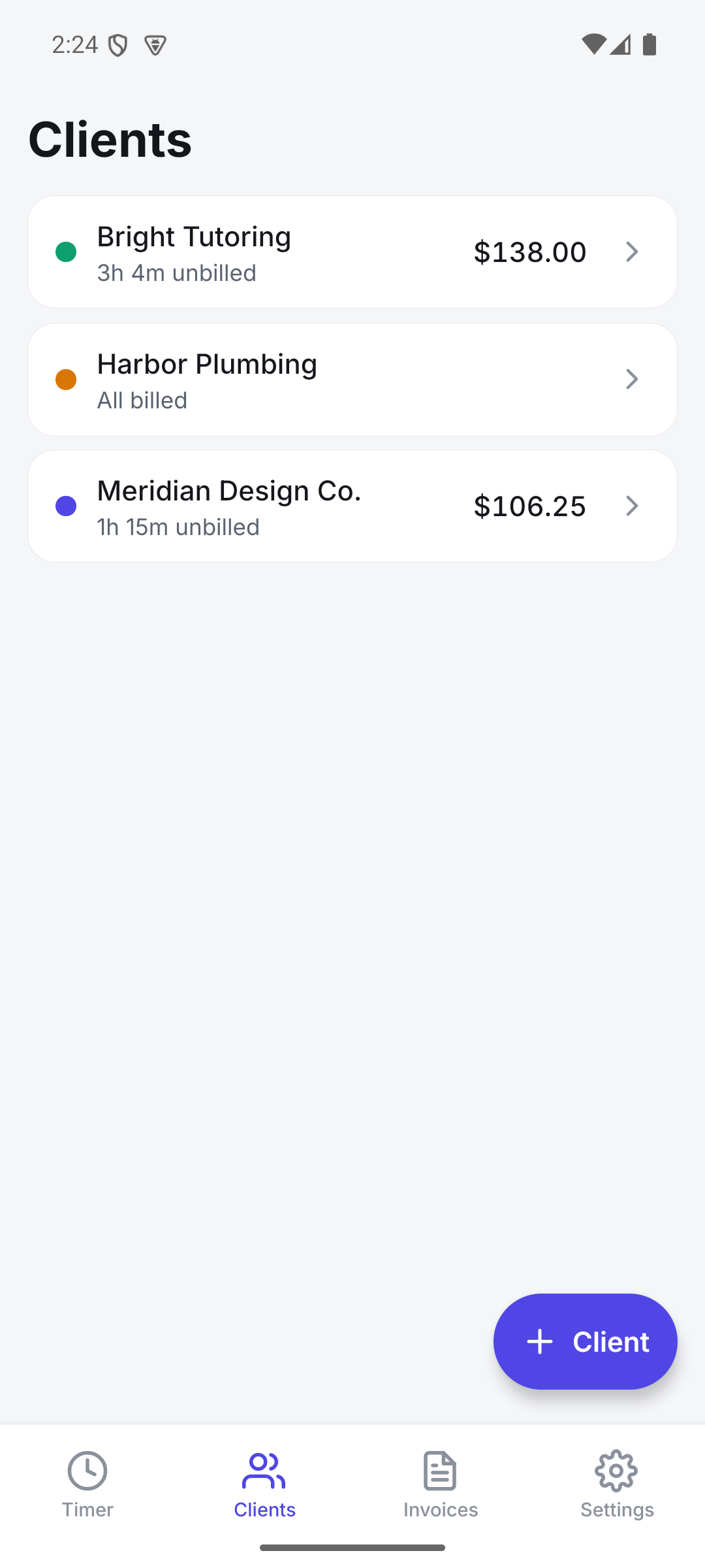 Client list showing each client's unbilled total