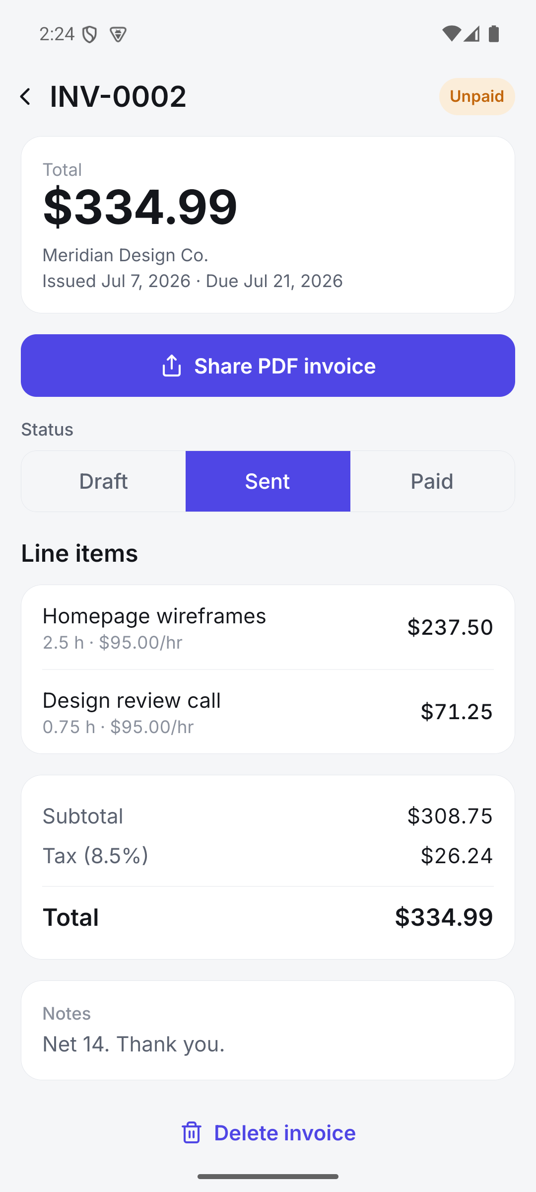 A finished invoice with line items, tax, and a share PDF button