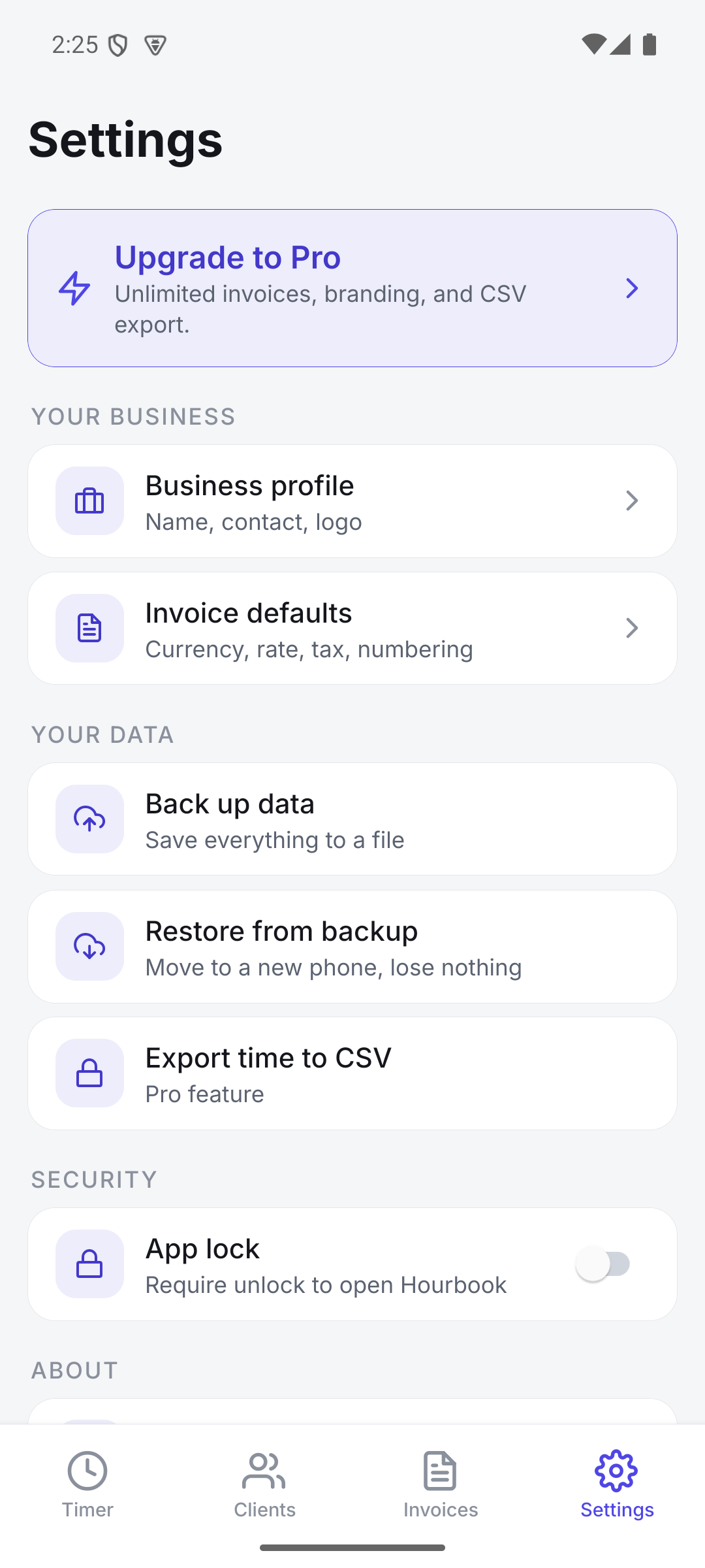Settings showing Hourbook works offline with no account, plus backup and restore
