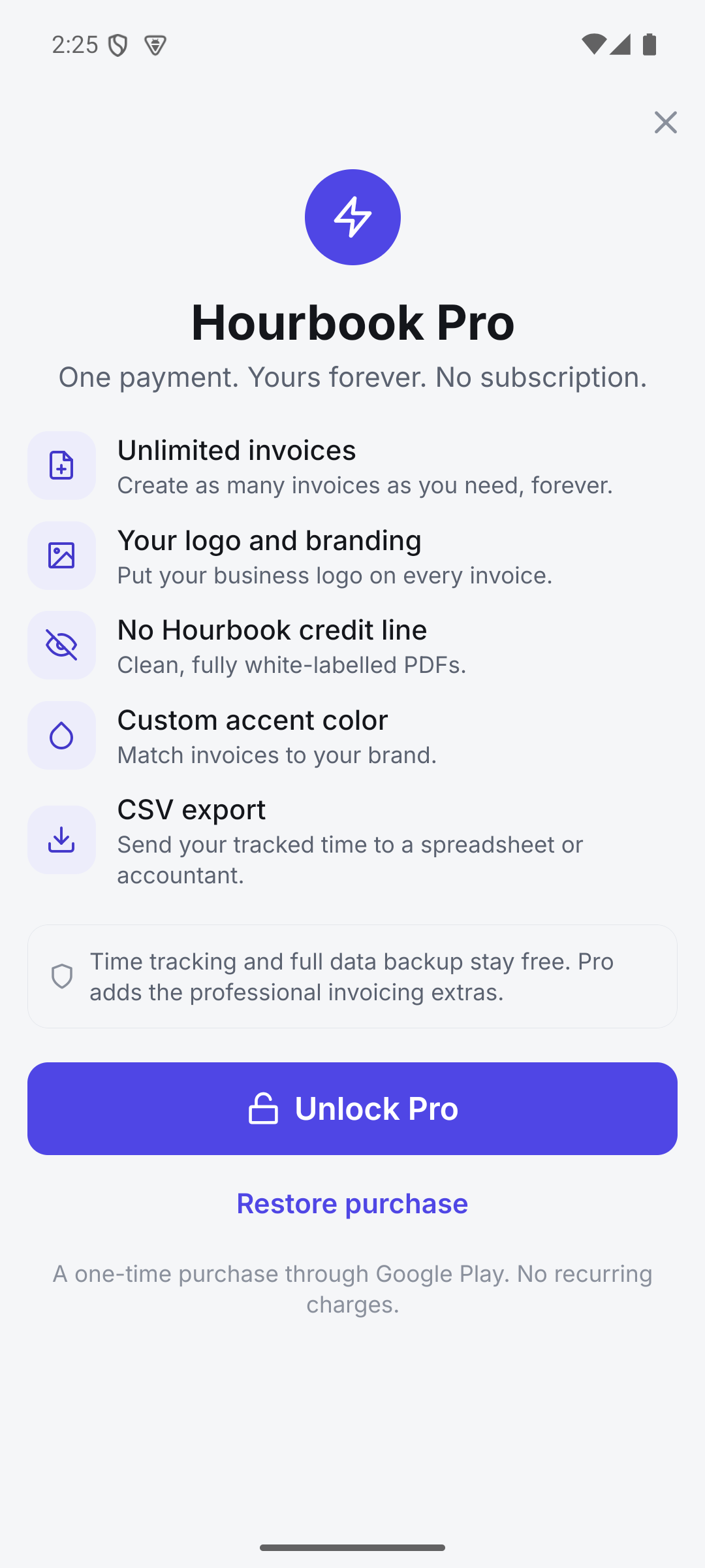 Hourbook Pro with unlimited invoices, business branding, and CSV export