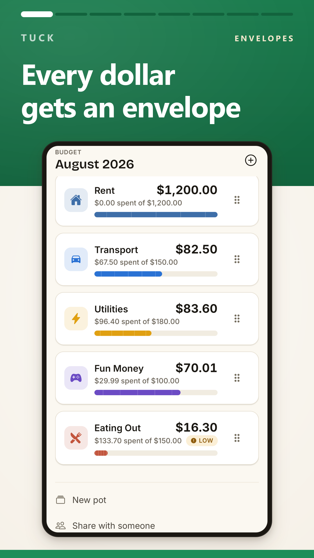 The Tuck home screen, a list of envelopes each showing what is left, what has been spent against its monthly target, and a fill bar
