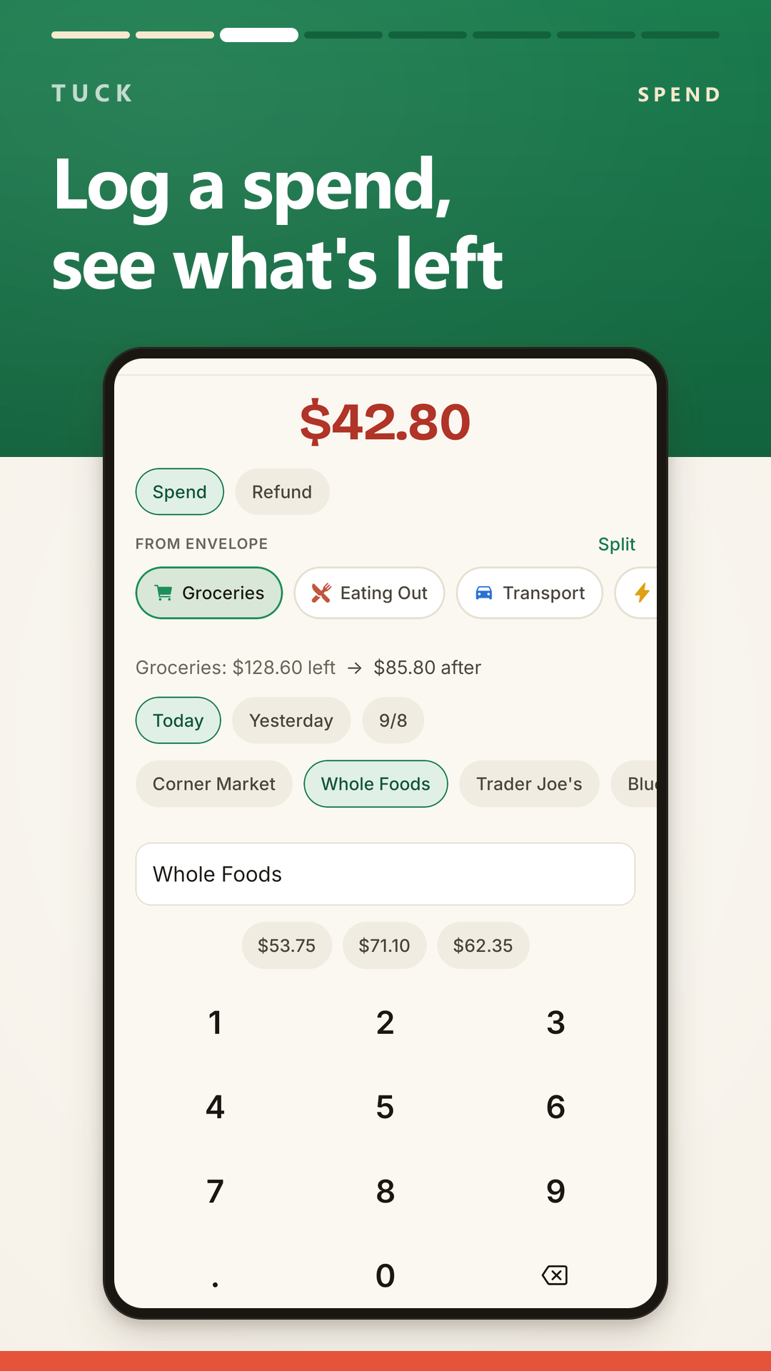 Logging a spend of 42.80 against Groceries, showing the balance before and after it and a keypad