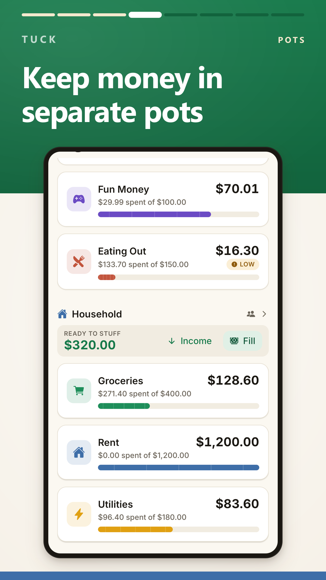 Two pots on the home screen, an everyday one and a Household one, each with its own Ready to Stuff balance and its own envelopes