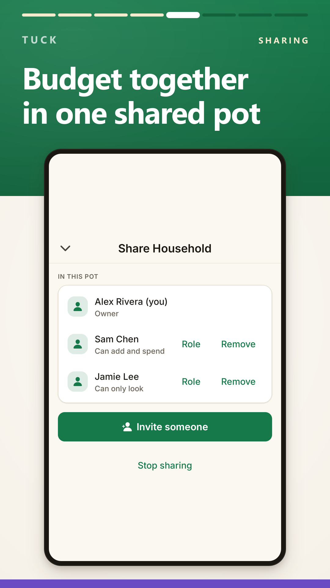 The members of a shared Household pot, three people with a role each, and a button to invite someone