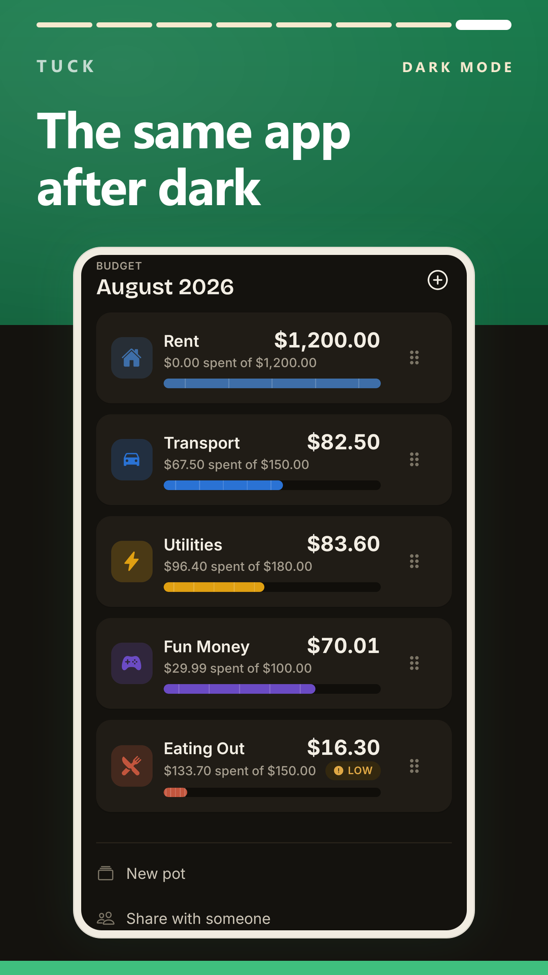 The same home screen in dark mode